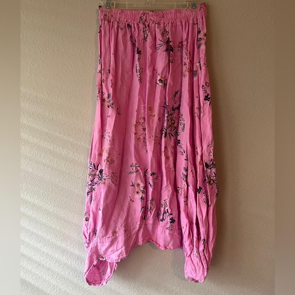 Italian Linen Asymmetrical Hem Maxi Skirt Floral Pink Women's Skirt - Picture 6 of 12
